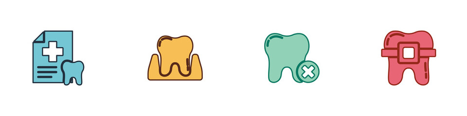 Set Dental card, Tooth, with caries and Teeth braces icon. Vector