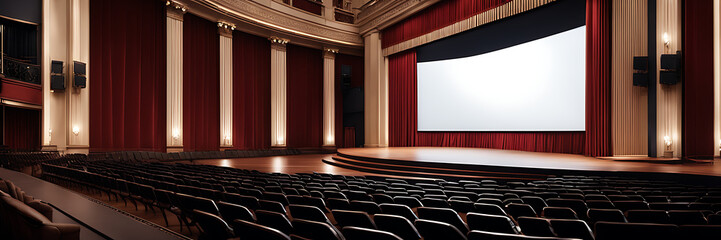  A perspective view of a large, empty hall with a stage, stairs, and space for your text or logo The screen is blank white, mockup