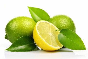 Vibrant green lemon with leaves, isolated on white background for culinary and healthy concepts