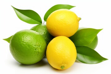 Isolated green lemon with leaves on white background   natural citrus fruit for drinks and recipes