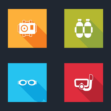 Set Photo camera for diver, Aqualung, Glasses swimming and Diving mask with snorkel icon. Vector