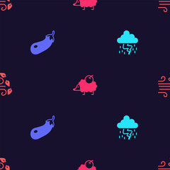 Set Storm, Eggplant, Hedgehog and Windy weather on seamless pattern. Vector