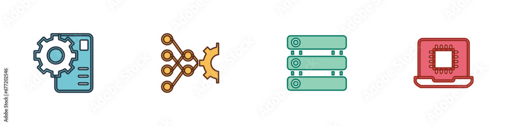 Poster set neural network, server, data and processor cpu icon. vector