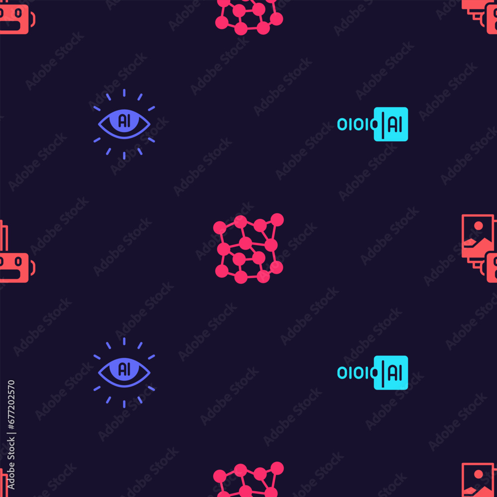 Poster Set Binary code, Artificial intelligence AI, Neural network and robot on seamless pattern. Vector