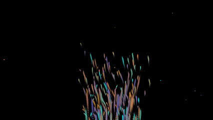 Abstract night bonfire with flying sparks. Short flames of fiery shine. 3D. 4K. Isolated black...
