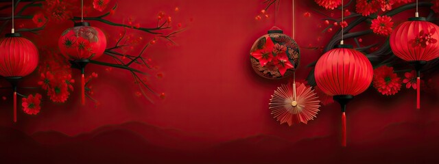 chinese lanterns with fan background on a red background