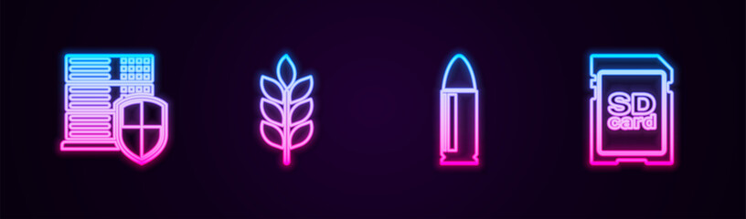 Set line Server with shield, Wheat, Bullet and SD card. Glowing neon icon. Vector