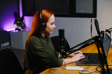Girl, online blogger in the studio during the stream.