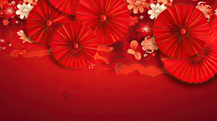 chinese lanterns with fan background on a red background