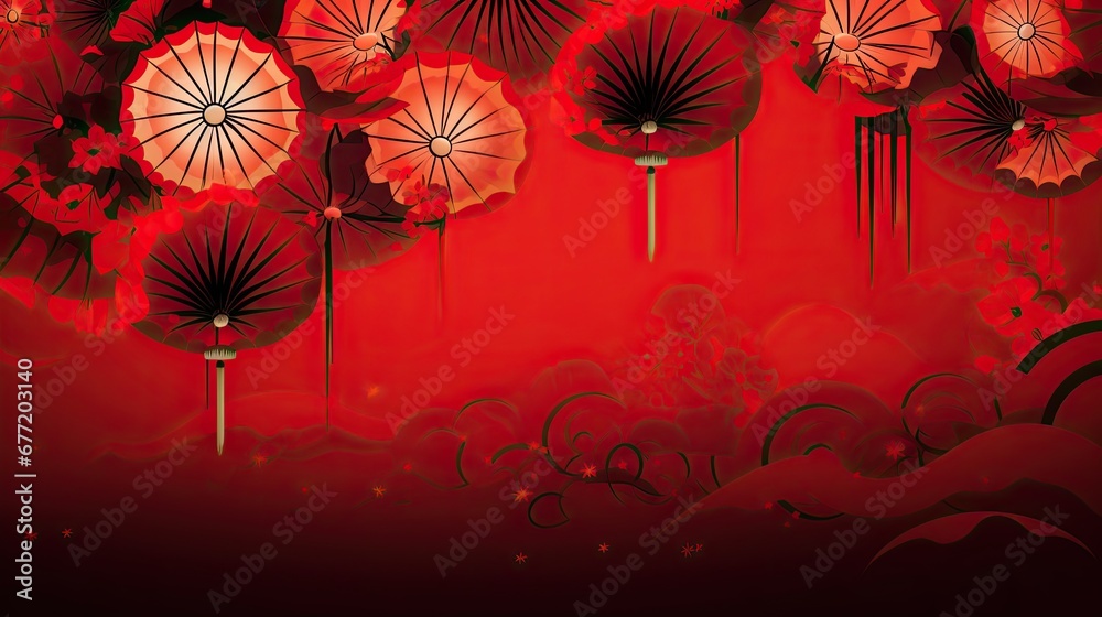 Wall mural chinese lanterns with fan background on a red background - Wall murals