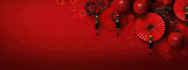 chinese lanterns with fan background on a red background - obrazy, fototapety, plakaty