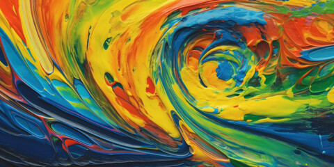 Streaks of blue, yellow, orange paints twisted as spiral. Bright acril background.