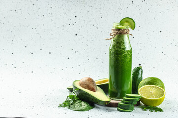 Fresh green detox smoothie on white background, diet and health concept. organic healthy products....
