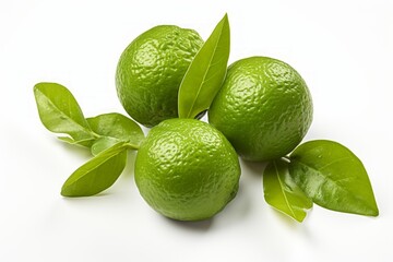 Isolated green lemon with leaves on whiteperfect for citrus designs and healthy lifestyle concepts.