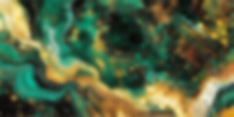 Blurred pattern of golden splashes and emerald green colors. Abstract defocused acrylic background.