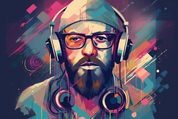 Bearded Beats: Abstract Pastel Illustration of a Modern DJ Spinning Creative Musical Vibes