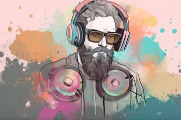 Bearded Beats: Abstract Pastel Illustration of a Modern DJ Spinning Creative Musical Vibes