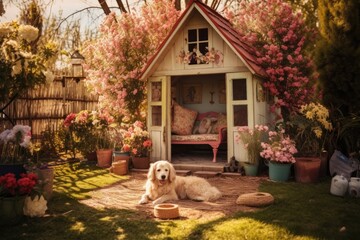 Springtime Harmony: Dog Posing in Front of Enchanting Soy House Set in a Picturesque Garden
