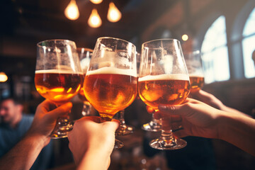 Brindis en un bar con copas de cerveza.