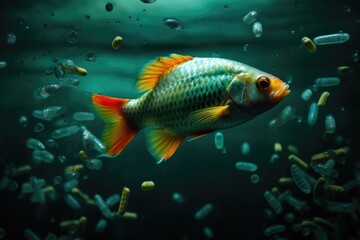 Naklejka premium A Trash Fish's Tale in the Symphony of Pollution, Echoing the Urgency of Environmental Reckoning