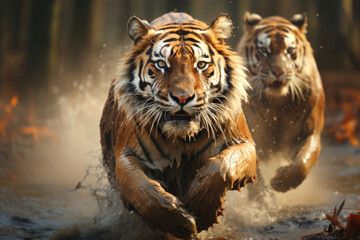 Running tigers in the jungle - a symbol of International Tiger Day