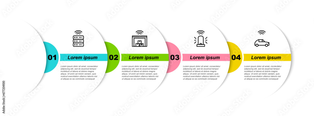 Wall mural set line smart server, warehouse, flasher siren and car system with wireless. business infographic t