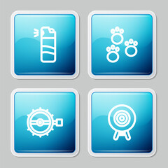 Set line Pepper spray, Paw print, Trap hunting and Target sport icon. Vector