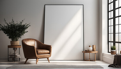 blank white, A minimalist interior background features an armchair and rustic furnishings on a canvas mockup.Frontal view