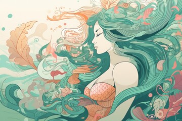 Enchanting Siren: Abstract and Pastel Illustration of a Mythical Mermaid in a Dreamy Underwater Fantasy