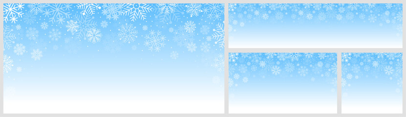 Fototapeta na wymiar Winter backgrounds set with frames of many various snowflakes on the blue white background. Cute seasonal Christmas and New Year banner template, print design, greeting card. Vector illustration