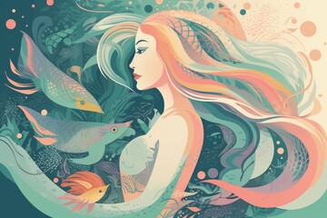 Obraz na płótnie Canvas Enchanting Siren: Abstract and Pastel Illustration of a Mythical Mermaid in a Dreamy Underwater Fantasy