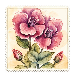 Vintage Postal Stamp, Floral watercolor artwork style, Isolated transparent on white background, PNG
