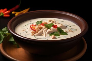 Traditional Asian tom kha soup with chicken, mushrooms, chili in ornate bowl. Restaurant menu.