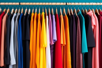 Fototapeta premium Vibrant and fashionable assortment of clothes hanging on colorful clothing rack in stylish closet