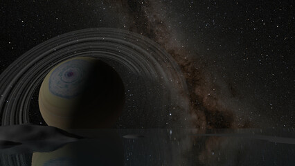 Saturn and its ring is over a smooth sea with milky way in background (3D Rendering)