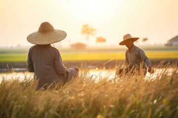 Chinese farmer workers wearing hats harvest crops in field in warm weather on sunny day. Harvesting rice growing on plain. Paid labor for collecting food for sale and consumption by employees