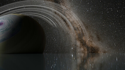 Saturn and its ring is over a smooth sea with milky way in background (3D Rendering)