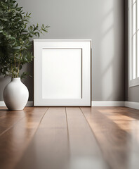 Fototapeta na wymiar blank white, Frame on Wooden Floor Mockup