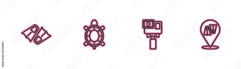 Poster set line flippers for swimming, action extreme camera, turtle and icon. vector