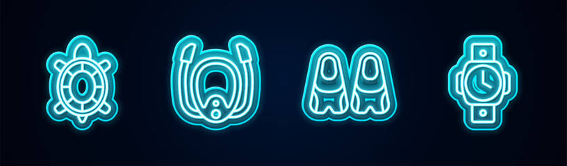 Set line Turtle, Diving mask with snorkel, Flippers for swimming and watch. Glowing neon icon. Vector © vector_v
