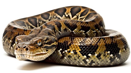 Obraz premium Reticulated python snake looking at the camera isolated on white.