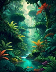 Fototapeta na wymiar Serene Watercolor Forest with Dewdrops