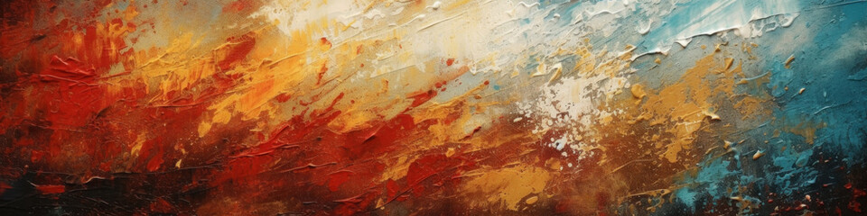 Art grunge banner. Pattern similar as fire flame. Red, yellow, white, blue color paints on canvas