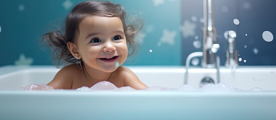 The cute white baby girl in her home s blue bathroom with a happy smile on her face enjoys playing with water making her mother feel happy and ensuring that she stays healthy - obrazy, fototapety, plakaty