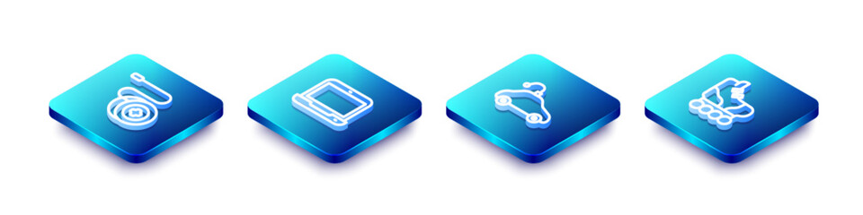 Set Isometric line Yoyo toy, Laptop, Radio controlled car and Roller skate icon. Vector