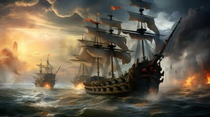 Historic battle with warships between pirates and the commonwealth army on the sea created with Generative AI - obrazy, fototapety, plakaty