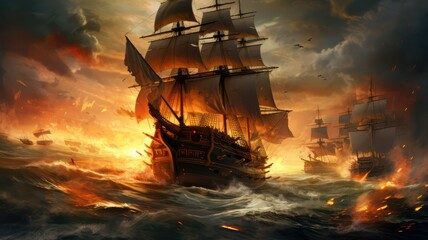 Historic battle with warships between pirates and the commonwealth army on the sea created with Generative AI - obrazy, fototapety, plakaty