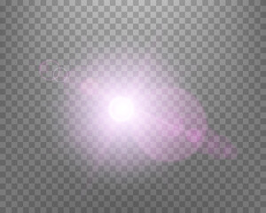 Sunlight lens flare, sun flash with rays and spotlight. Pink glowing burst explosion on a transparent background. Vector illustration.