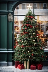 A vertical photograph of a Christmas tree entices viewers with its festive charm. A Christmas tree with gifts underneath proudly adorns the front of the store, giving passersby a festive charm.