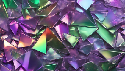 Holographic background with glass shards. Rainbow reflexes in green and purple.